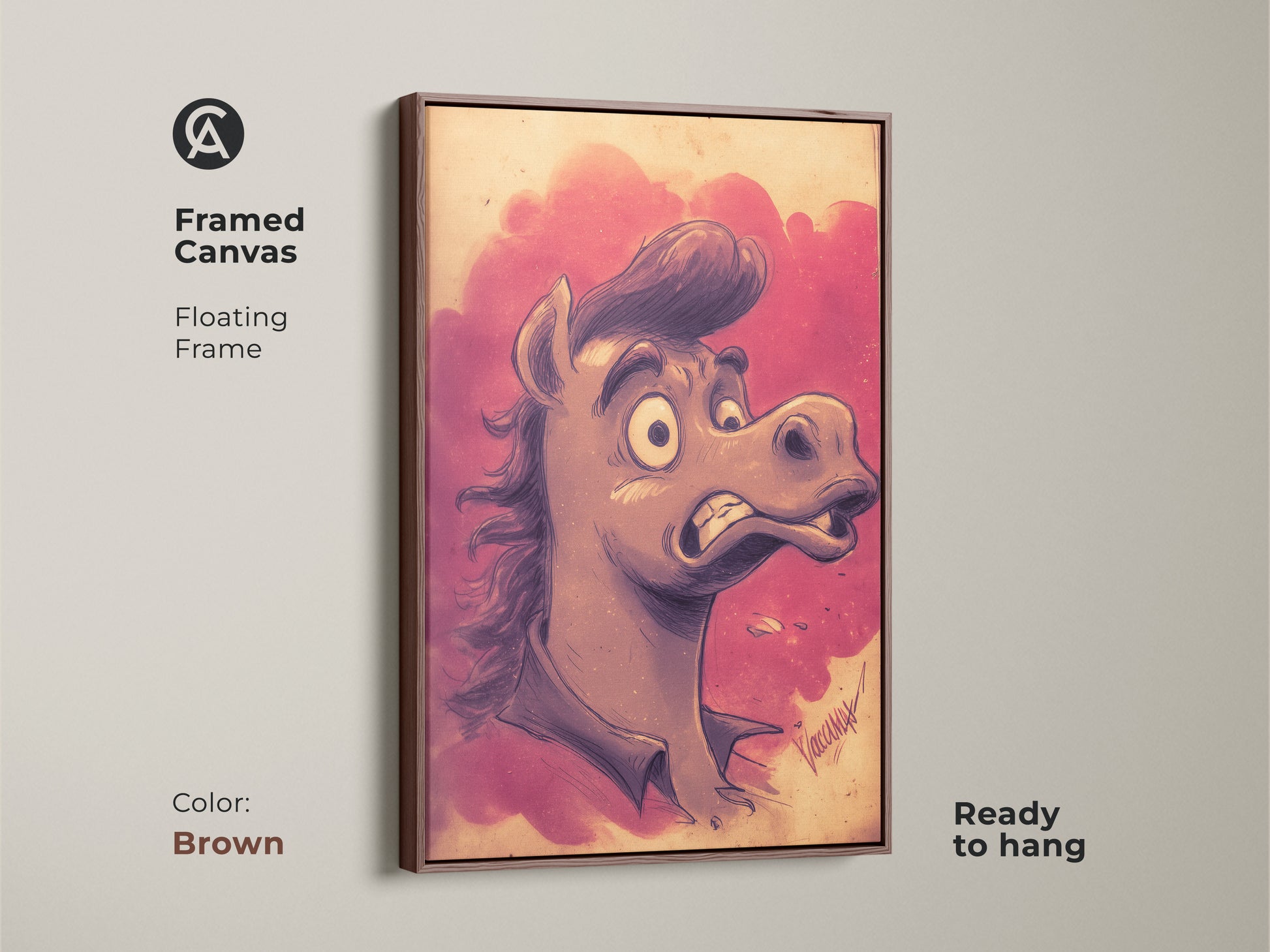 Framed in brown this cartoon horse wall art is ready to hang. The pink and purple art print adds a pop of color. It's a funny animal artwork that enhances any space. This unique horse gift will be a conversation starter.