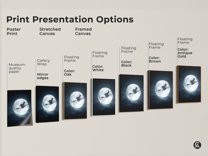 This shows the different print presentation options. From museum-quality posters to stretched canvases and framed canvas. Each features a gothic Halloween fantasy art print of a witch on a broomstick silhouetted against a full moon.