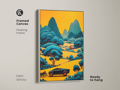 Framed canvas with a white frame showcases the stylized mountain road. This yellow and blue landscape art is a modern decor piece. It makes a cool road trip wall art. An eclectic addition to any space adding brightness to a man cave.