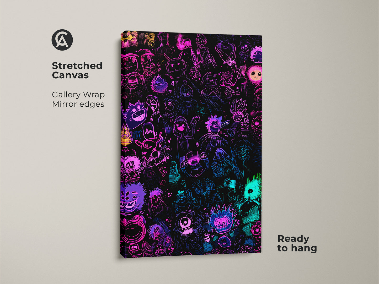 Neon cartoon character art on a stretched canvas. This artwork features gallery wrapped mirror edges and is ready to hang. The vibrant colors pop against the black background. It will add a unique touch to any room. Order yours today
