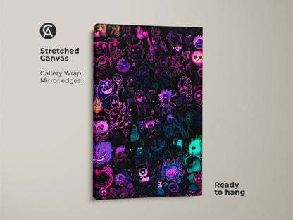 Neon cartoon character art on a stretched canvas. This artwork features gallery wrapped mirror edges and is ready to hang. The vibrant colors pop against the black background. It will add a unique touch to any room. Order yours today
