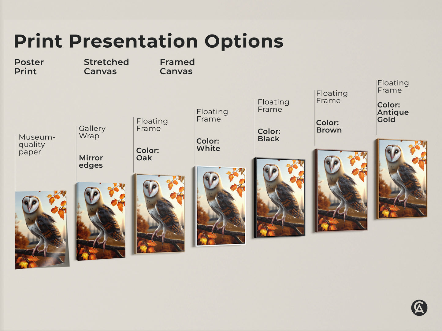 Print presentation options showcasing poster prints stretched canvases and framed canvases. Each features realistic barn owl artwork. Select from various frame colors. Autumn decor for bird lovers.