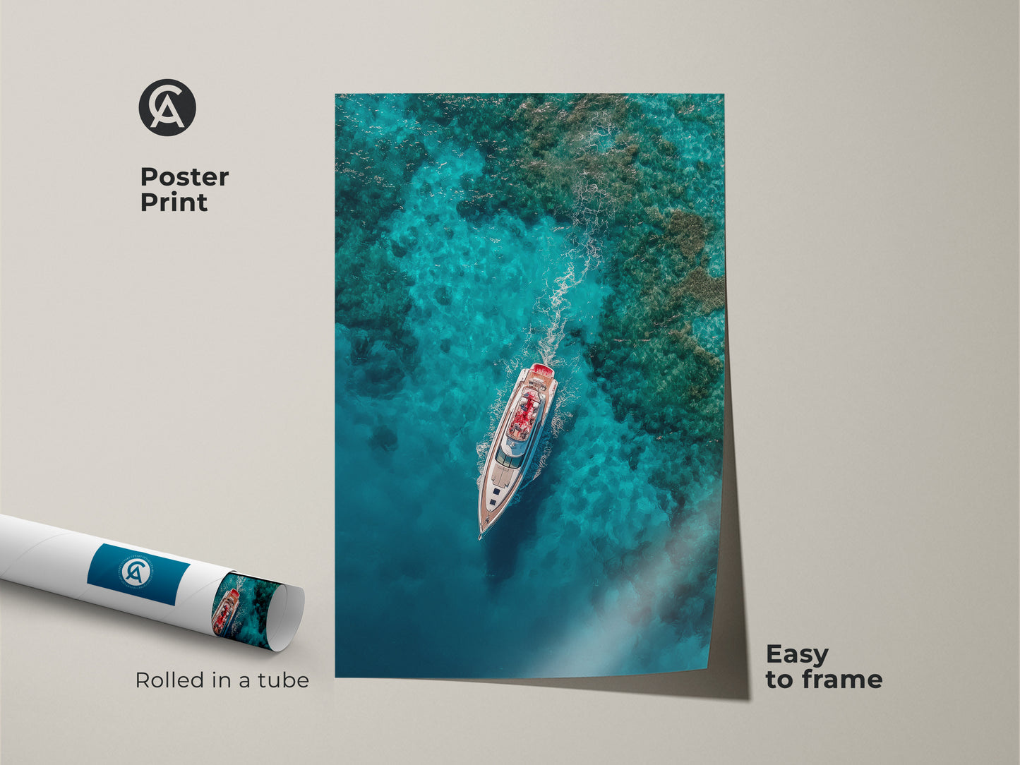 Transform your space with this vibrant yacht poster print. This museum-quality paper artwork showcases a yacht gliding through turquoise waters. Rolled in a tube for safe delivery this art is easy to frame. Add nautical charm to your home today.