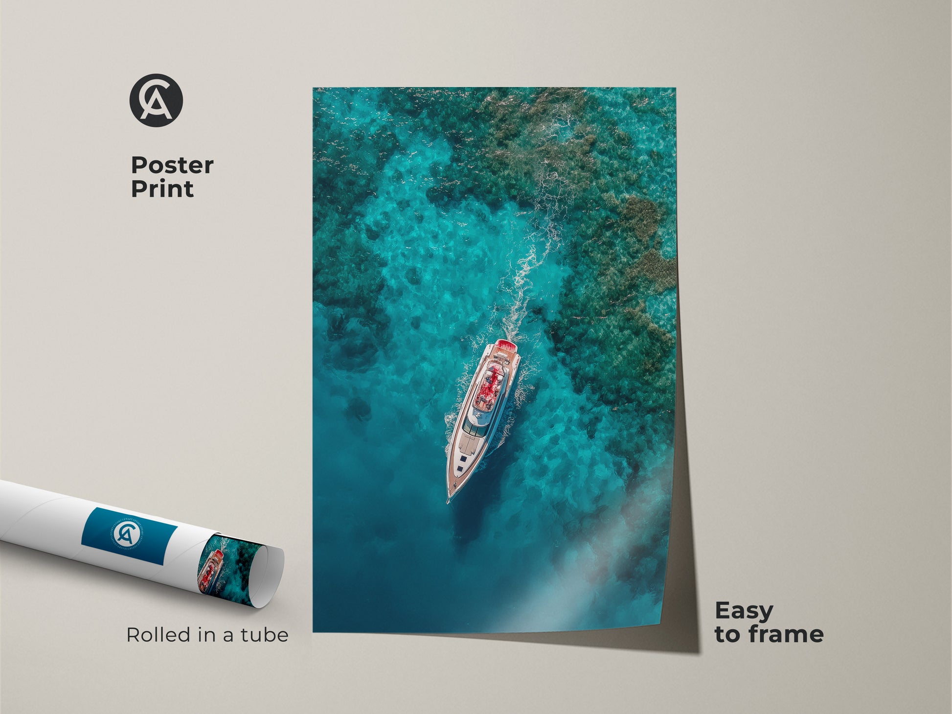 Transform your space with this vibrant yacht poster print. This museum-quality paper artwork showcases a yacht gliding through turquoise waters. Rolled in a tube for safe delivery this art is easy to frame. Add nautical charm to your home today.