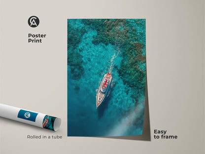 Transform your space with this vibrant yacht poster print. This museum-quality paper artwork showcases a yacht gliding through turquoise waters. Rolled in a tube for safe delivery this art is easy to frame. Add nautical charm to your home today.
