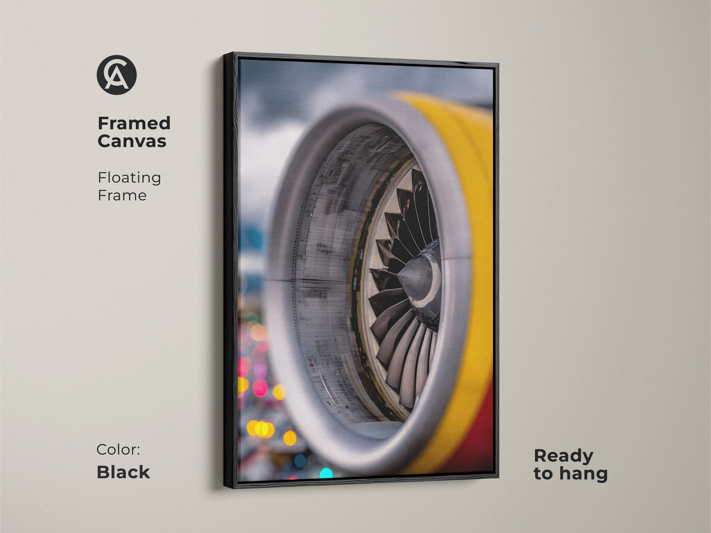 Framed Canvas art featuring a close-up of a jet engine. Silver yellow and red abstract decor with a black floating frame. Ready to hang aviation-themed artwork ideal for an office or as a unique gift for aviation enthusiasts. Great technology wall decor.