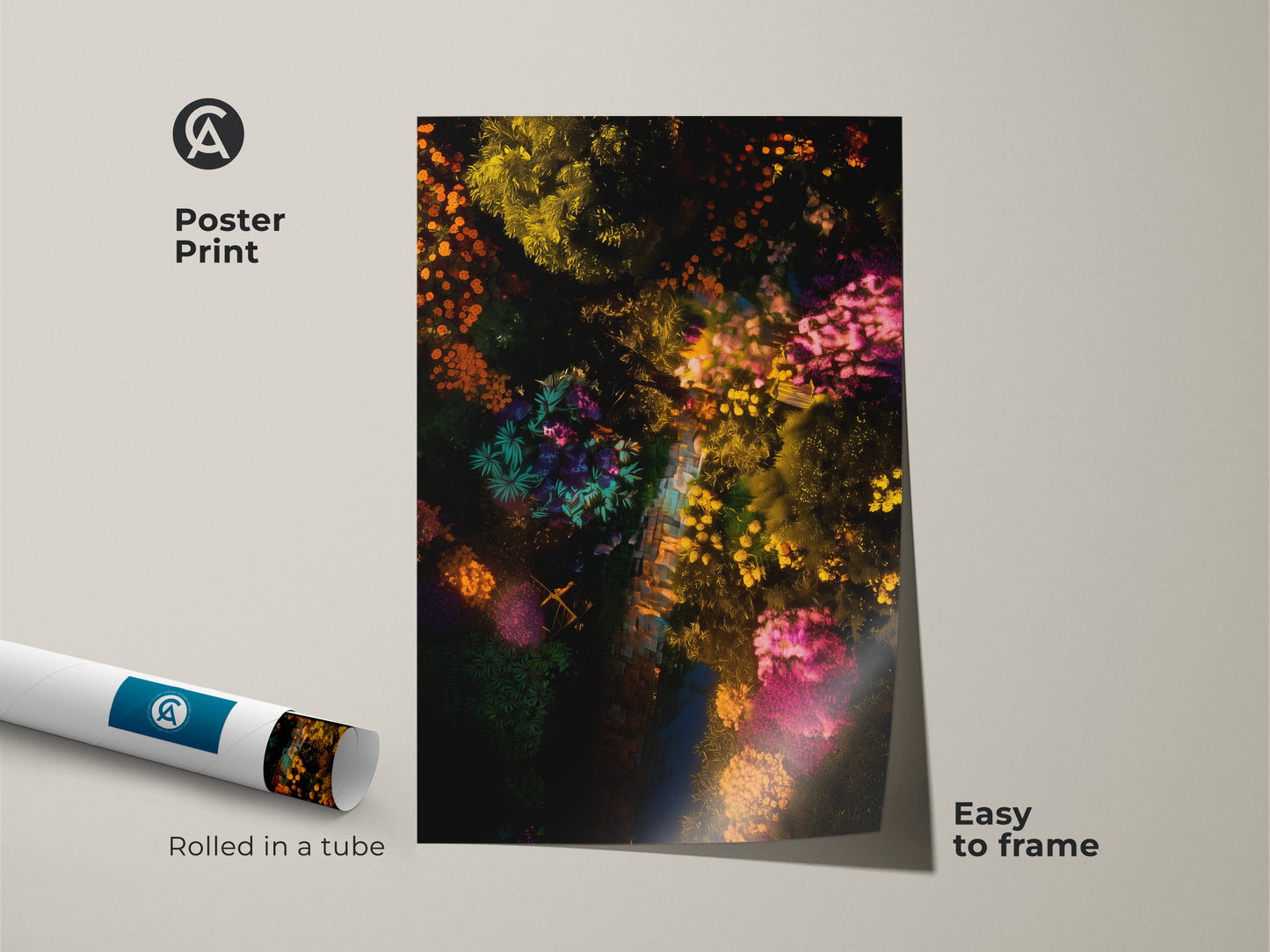Poster print of an aerial garden scene rolled in a tube. The museum-quality paper enhances the colorful botanical artwork. This easy-to-frame print brings a vibrant touch to any room. Shop now for unique garden-themed poster art.