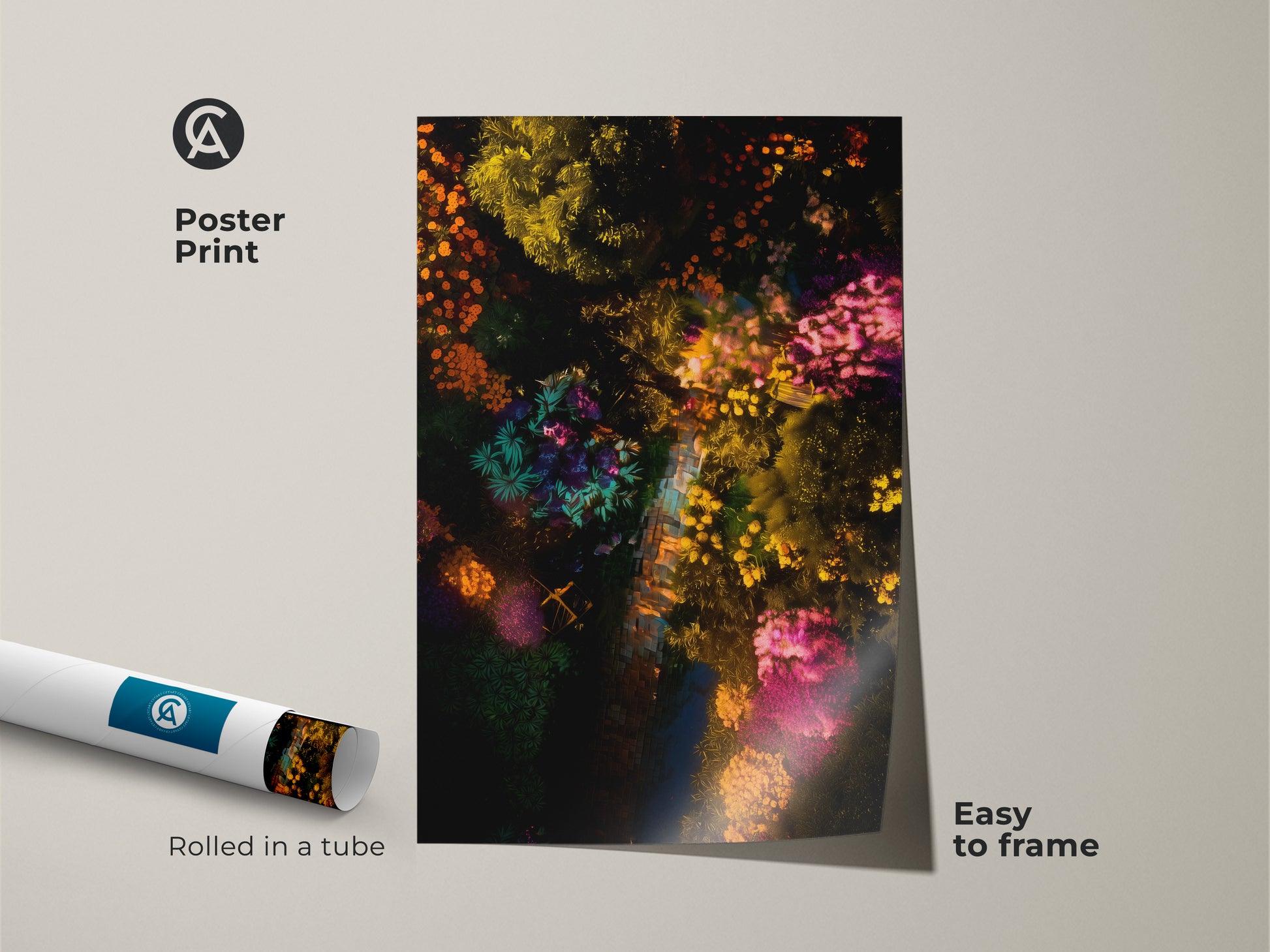 Poster print of an aerial garden scene rolled in a tube. The museum-quality paper enhances the colorful botanical artwork. This easy-to-frame print brings a vibrant touch to any room. Shop now for unique garden-themed poster art.