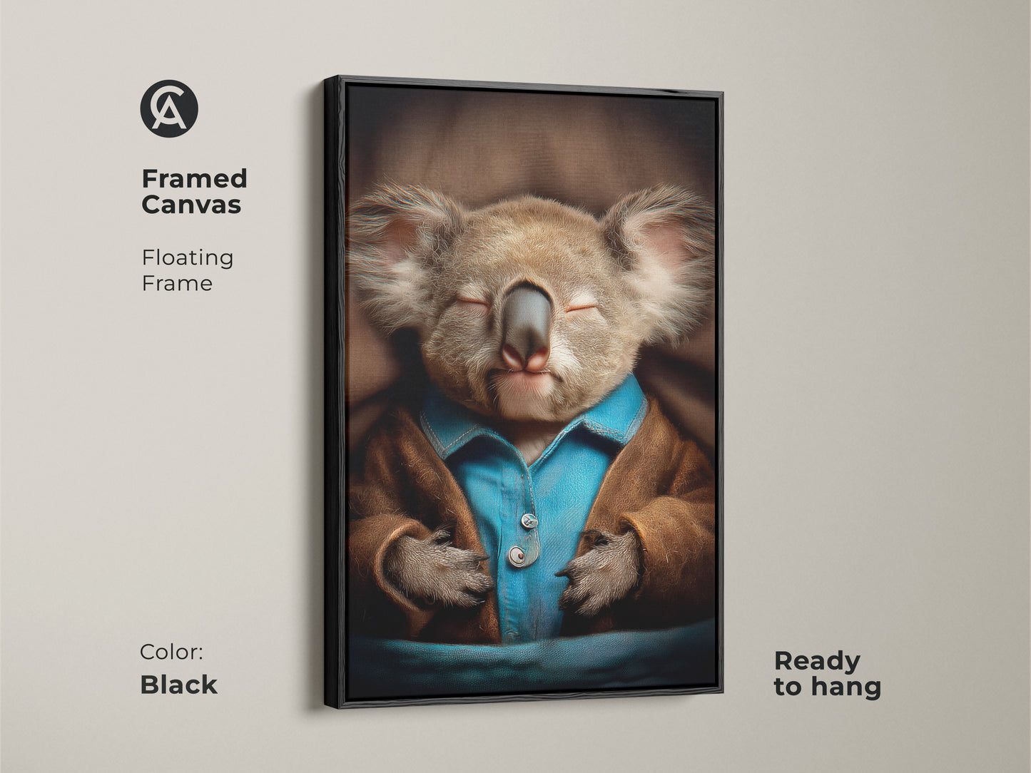 Black framed canvas of a sleeping koala. This floating frame art is ready to hang. A realistic animal print adds charm to any space. The cozy pajamas and warm brown blue palette create a soothing aesthetic. Ideal for nursery wall decor or as a heartwarming gift for new parents. Perfect for lovers of eclectic animal art.