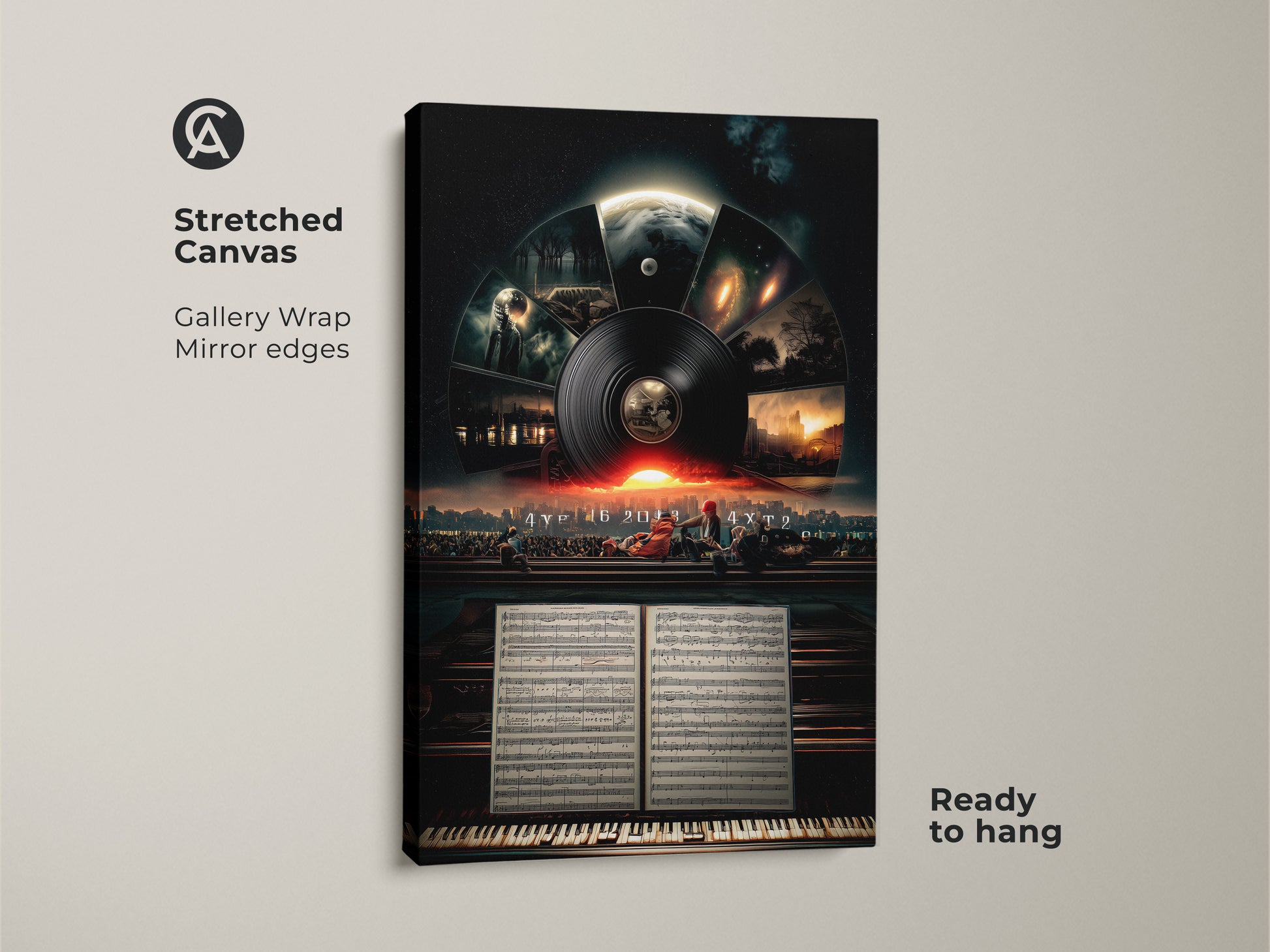 Stretched canvas art of cosmic music and cityscape is ready to hang. A surreal vinyl record artwork adds an eclectic touch to any studio space. Gallery wrapped with mirrored edges.