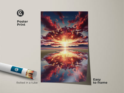 A poster print shows a red orange sunset over mountains. This nature artwork is rolled in a tube for easy framing. It is a contemporary nature art piece for any home or office.