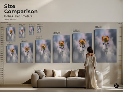 Size comparison of yellow buttercup artwork in a living room. See how different sizes fit above a sofa. Available as canvas or poster print. Macro nature photography brings botanical soft focus art to your home. Enhance your boho decor today.