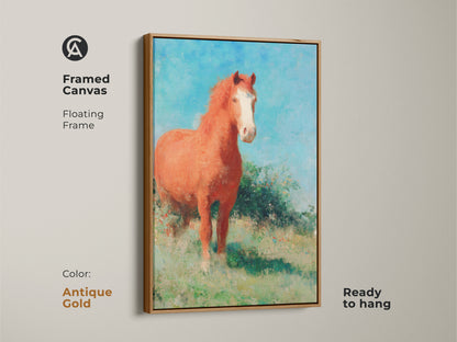 Framed canvas featuring an impressionist horse in a field with an antique gold floating frame. This wall hanging horse art adds sophistication to any space. The rustic nature landscape print and blue sky nature art create a serene atmosphere. This country horse artwork is ideal for entryway decor.