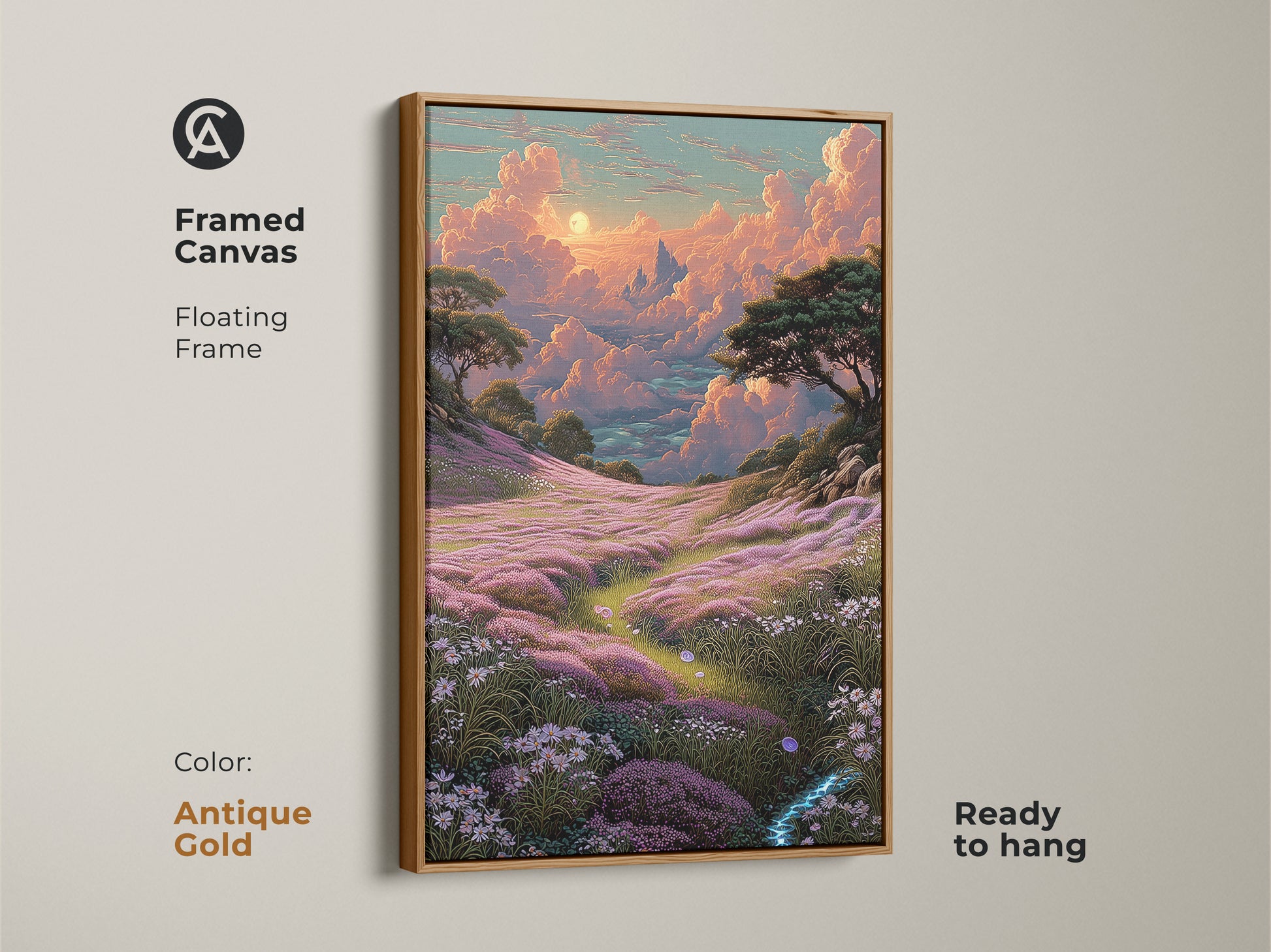 Framed canvas of a fantasy landscape wall art. The dreamy cloud canvas print showcases flower field art decor. The bohemian nature scenery is pink orange and teal. It's ready to hang in an antique gold floating frame. The artistic landscape print features a whimsical sky. A scenic nature canvas for a housewarming gift.