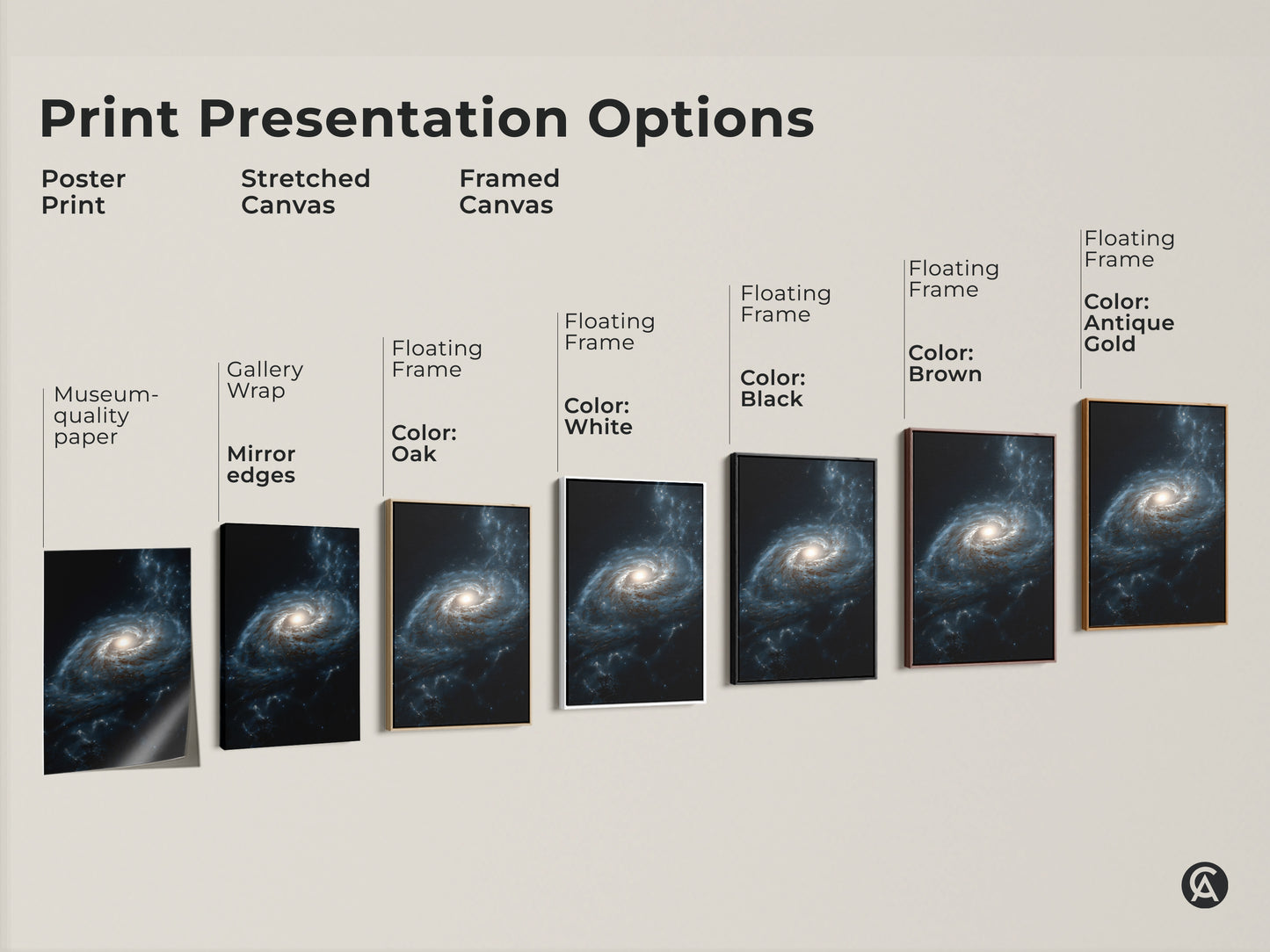 Explore print presentation options for deep blue galaxy nebula art. Choose from poster print stretched canvas and framed canvas in various styles. Each option enhances this cosmic artwork perfect for sci-fi wall decor and space themed decor.