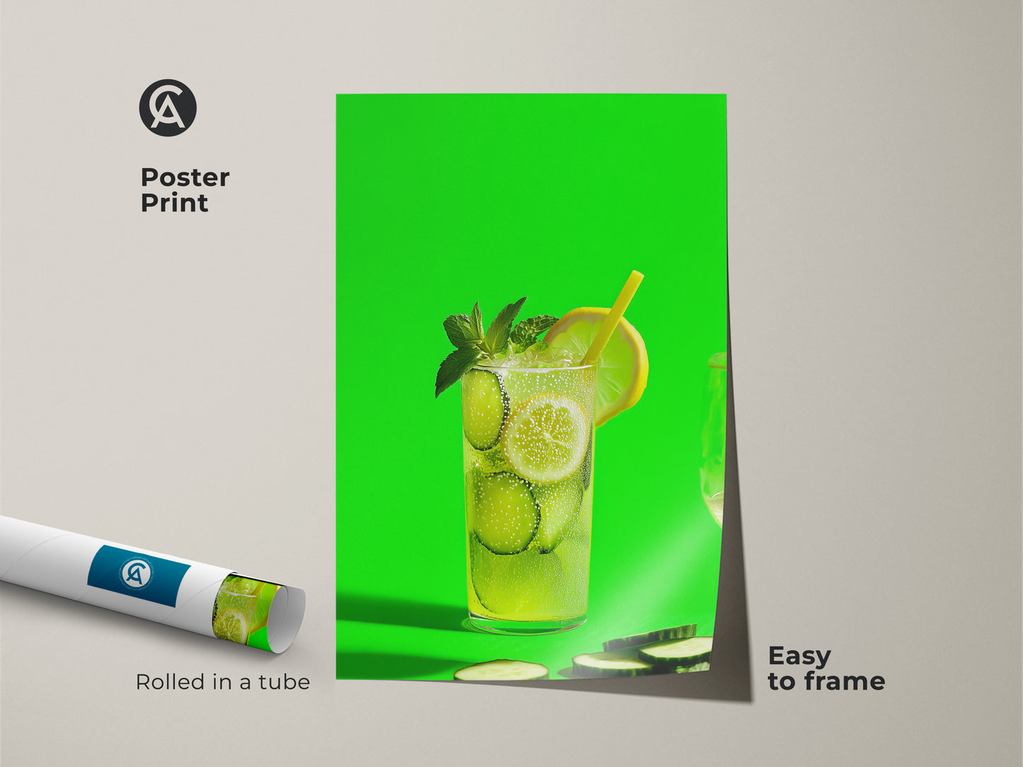 A poster print of a lime green cucumber lemonade drink. This contemporary botanical drink art is easy to frame. The minimalist green art is rolled in a tube for protection. A perfect summer refreshment print for kitchen or bar.