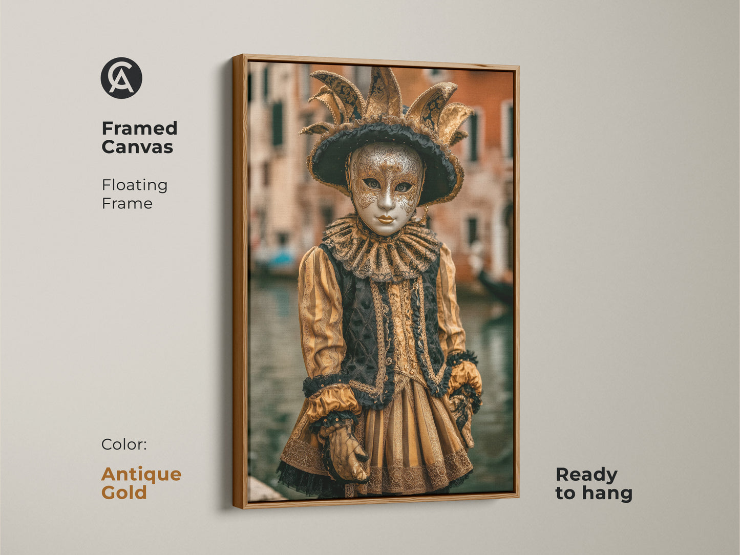 An ornate Venetian Jester Costume Artwork with antique gold frame. This Framed Canvas art features a floating frame. The gold and black Masquerade Mask Canvas Print is ready to hang. This Baroque Wall Art brings a unique festive spirit to any space.
