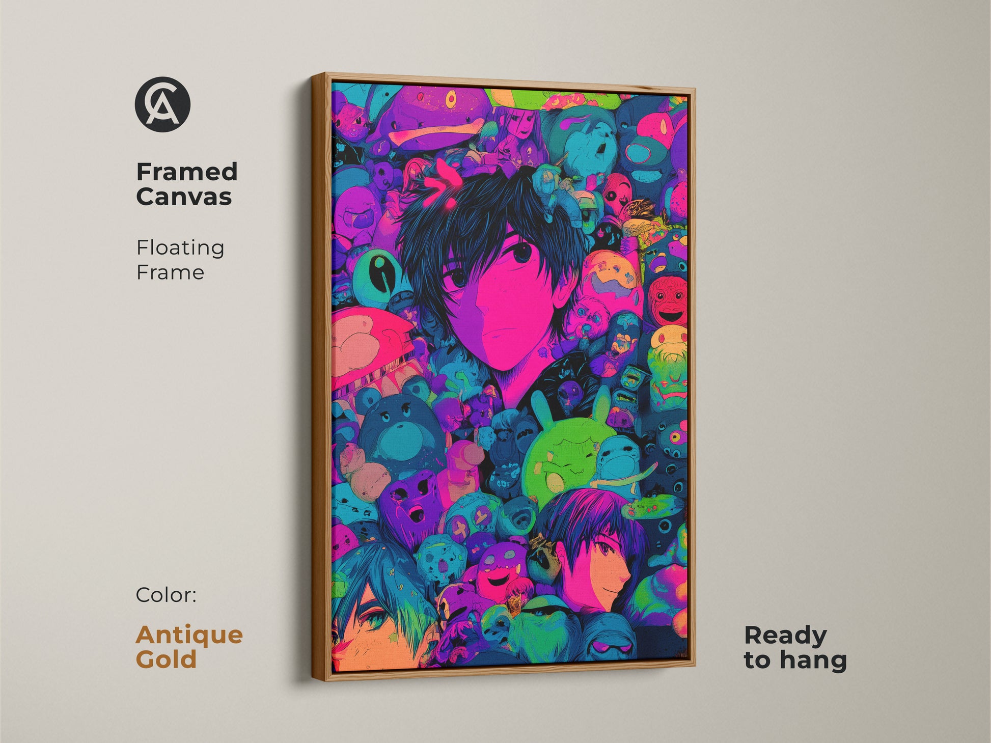 A framed canvas with an antique gold floating frame showcasing anime art. The artwork features a central character surrounded by colorful creatures. Ready to hang this piece will add a modern art to your living space. The art is visually appealing.