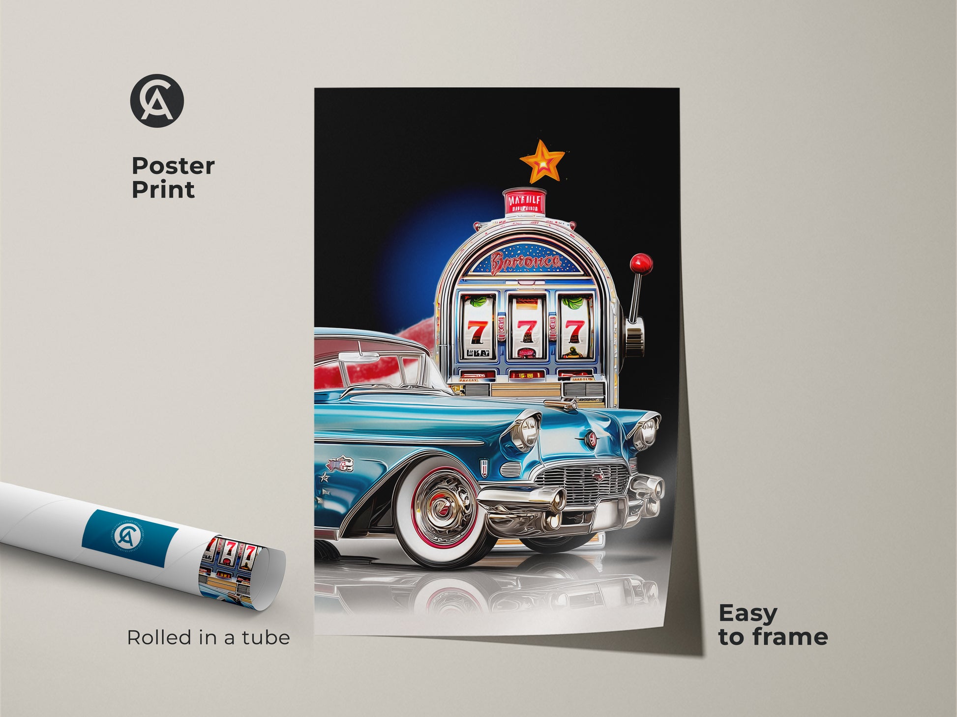 This poster print features retro Americana art with a teal vintage car and classic slot machine. Easy to frame this artwork is delivered rolled in a tube. Great for adding a pop of color to a garage or game room. A great gift for car and casino enthusiasts.