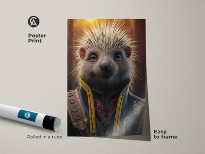 Poster print features a steampunk hedgehog in Victorian attire. This dark academia animal art is easy to frame. Rolled in a tube this fantasy artwork gift is perfect.