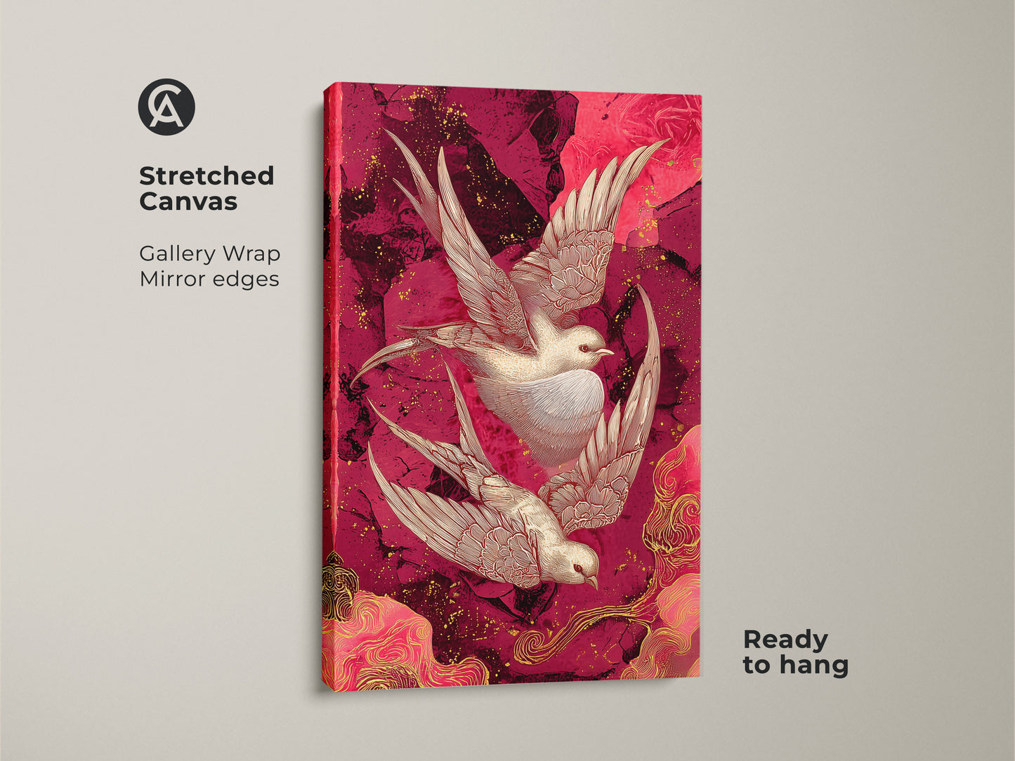 Stretched canvas print of crimson and pink swallow art. The gallery wrap and mirror edges add a modern touch. Ready to hang. This art nouveau bird wall art is perfect for eclectic bedroom art. A sophisticated home decor choice.