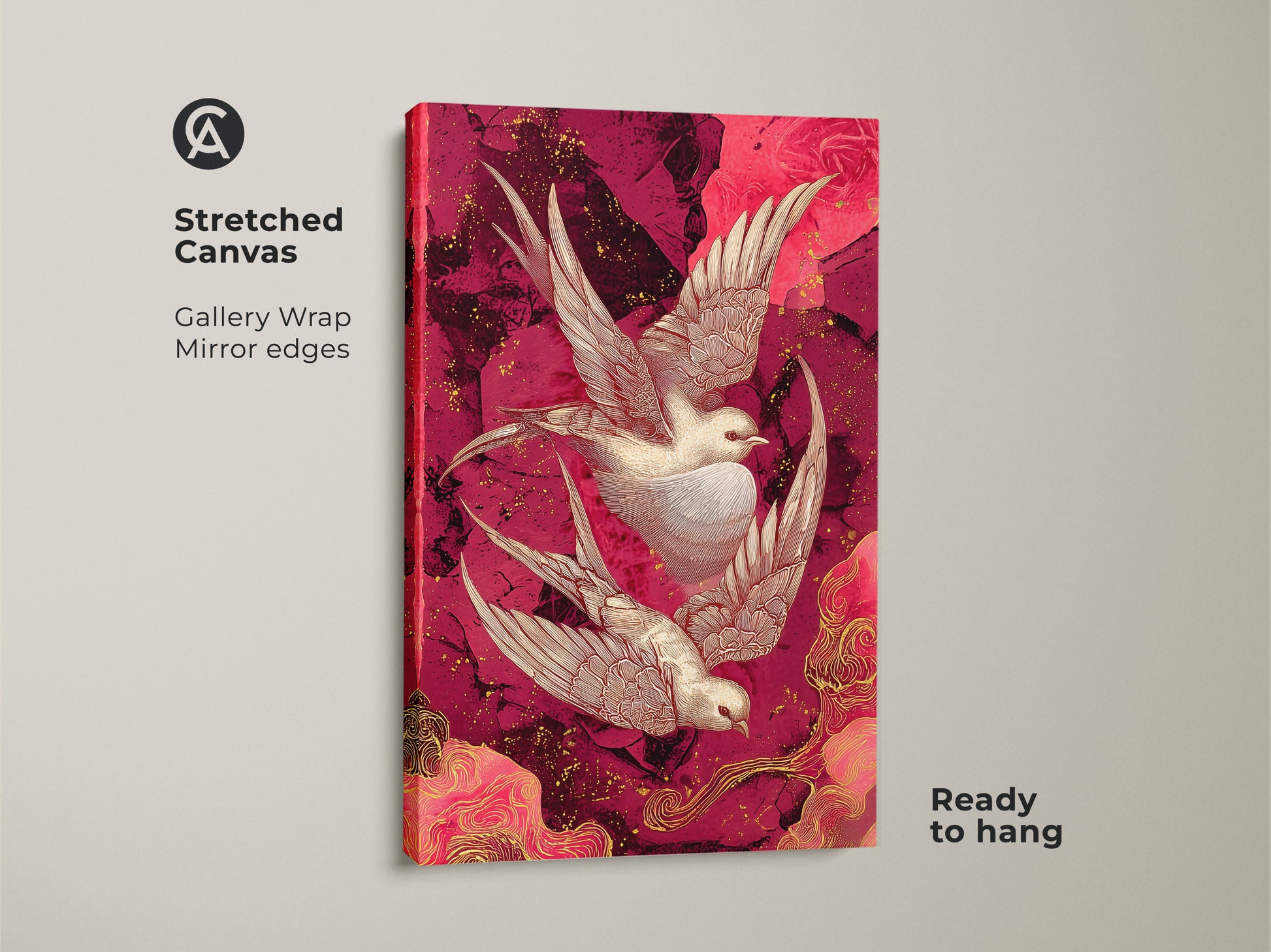 Stretched canvas print of crimson and pink swallow art. The gallery wrap and mirror edges add a modern touch. Ready to hang. This art nouveau bird wall art is perfect for eclectic bedroom art. A sophisticated home decor choice.