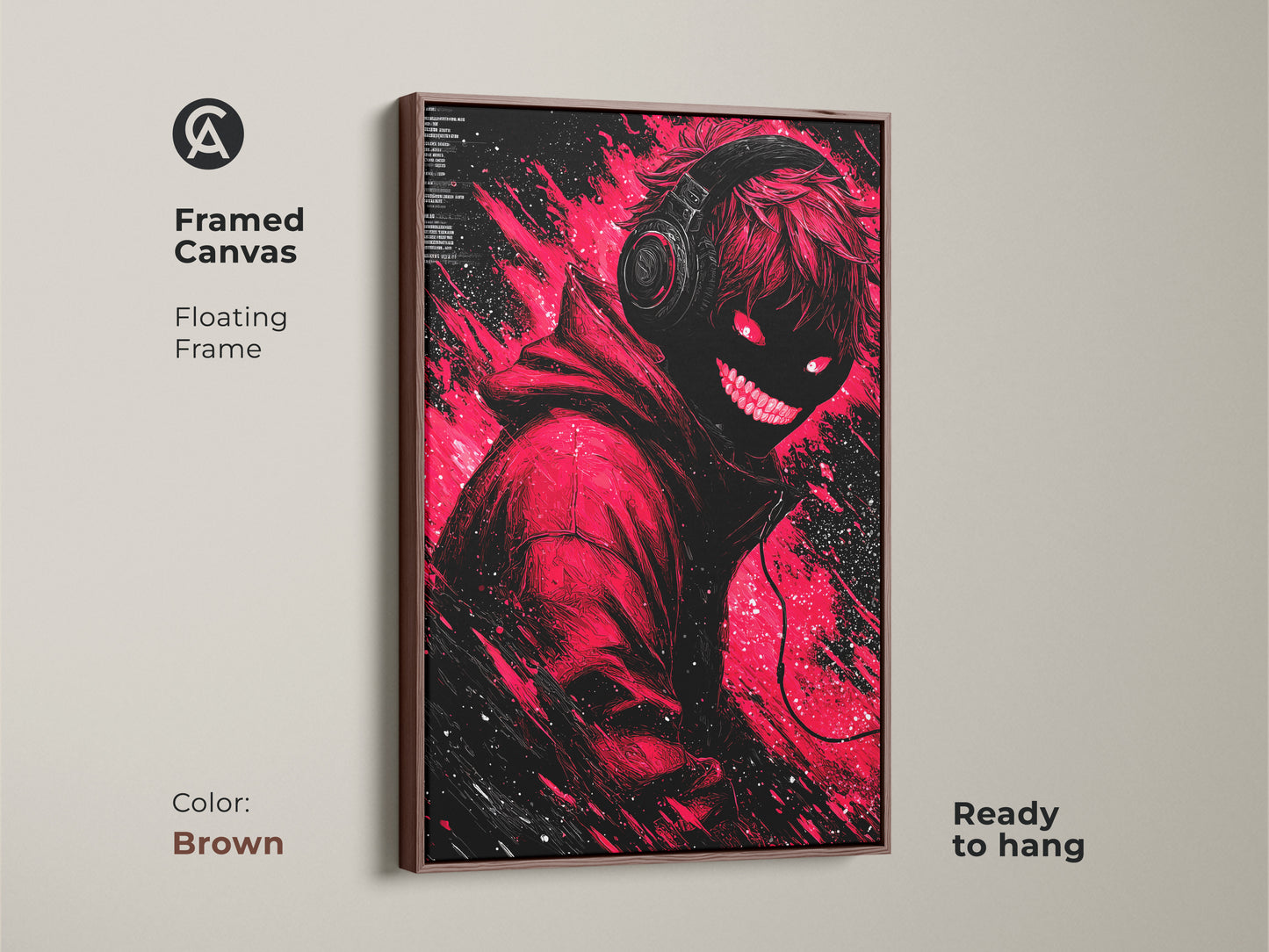 Framed canvas artwork in brown featuring a modern illustration. The artwork has a figure with headphones and glowing red eyes. Ready to hang this floating frame adds art to your home wall decor collection.