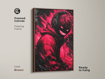 Framed canvas artwork in brown featuring a modern illustration. The artwork has a figure with headphones and glowing red eyes. Ready to hang this floating frame adds art to your home wall decor collection.