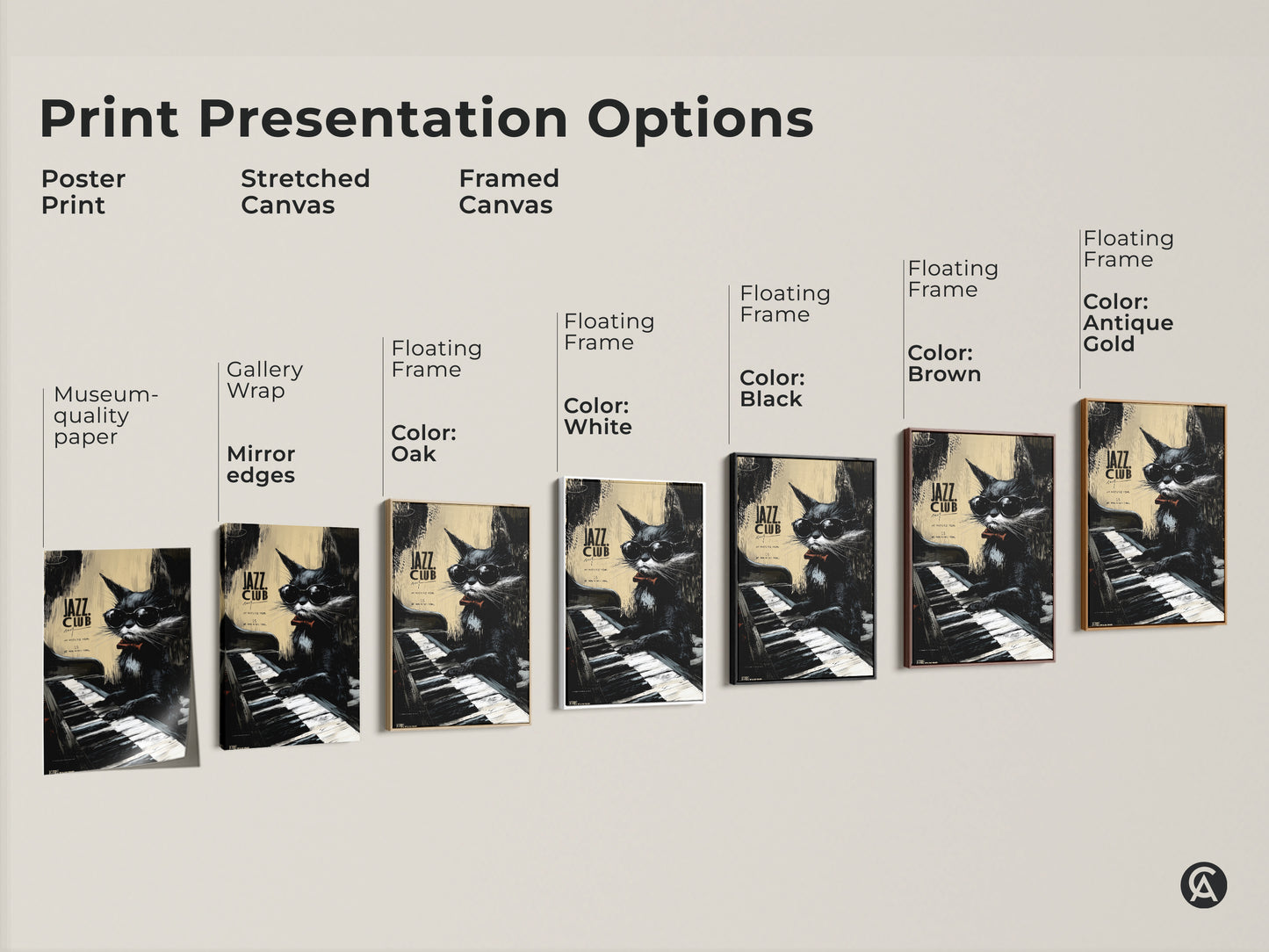Print options for jazz cat artwork. Choose from poster prints stretched canvas and framed canvas. The art features a cat playing piano. Select your perfect presentation to match your space and style.