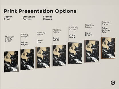 Print options for jazz cat artwork. Choose from poster prints stretched canvas and framed canvas. The art features a cat playing piano. Select your perfect presentation to match your space and style.