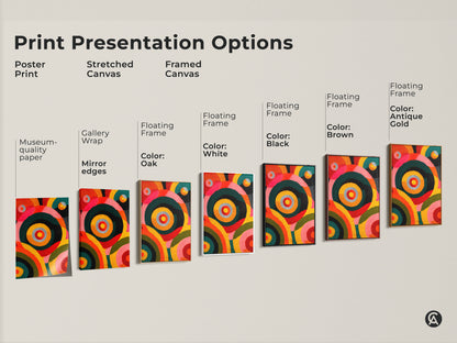 Explore print presentation options for abstract circles artwork. Choose from poster print stretched canvas or framed canvas. Museum-quality paper gallery wrap floating frame styles available. Find the perfect modern eclectic artwork for your home.