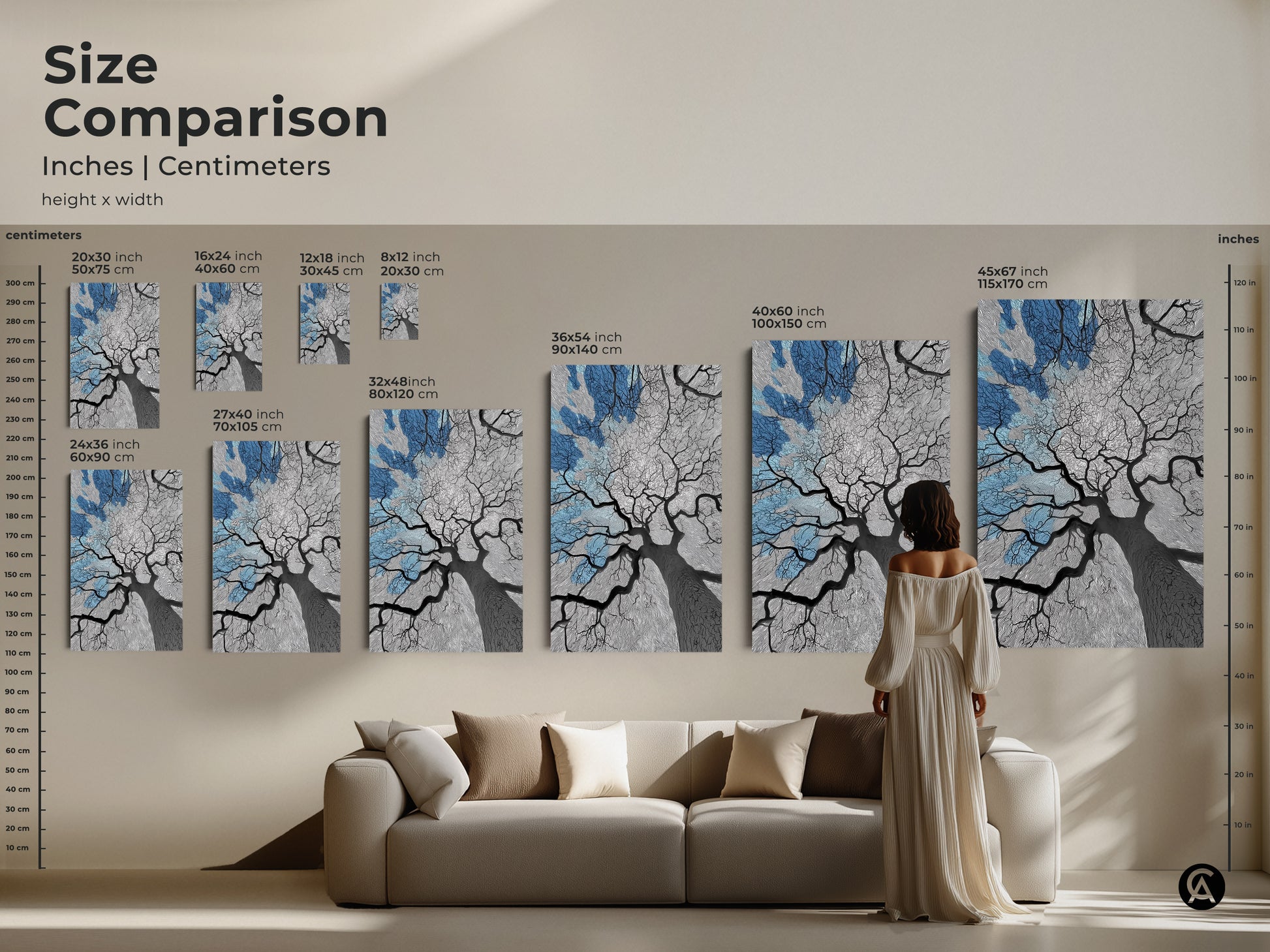Size comparison of abstract tree art. See various canvas and poster sizes in inches and centimeters. Visualize how the artwork fits above a sofa. Perfect for planning your wall decor with nature-inspired art. Find the ideal size to complement your living space. This modern artwork enhances any room.