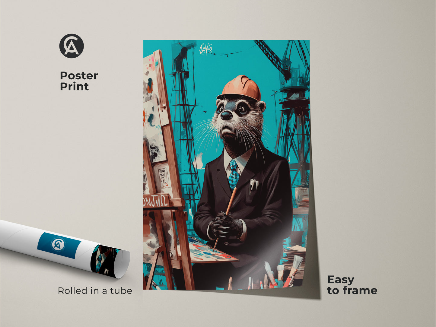 Poster print featuring a surreal otter as an artist. This teal brown animal wall art arrives rolled in a tube. The construction crane office print is easy to frame. An eclectic gift for builders.