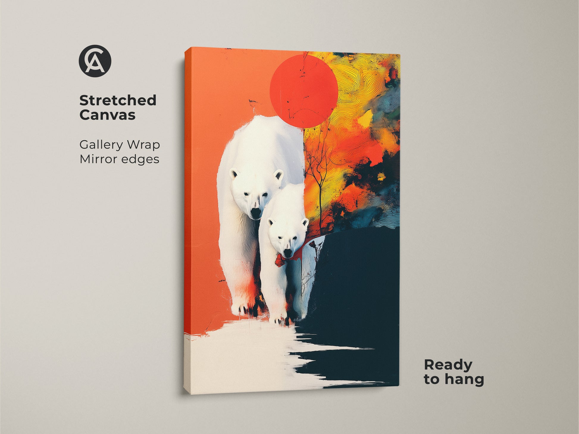 This stretched canvas showcases an abstract polar bear painting with mirror edges. Ready to hang this arctic wildlife artwork adds a modern touch to any room. Perfect for animal lovers seeking unique wall decor. Transform your space today.