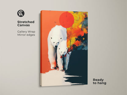 This stretched canvas showcases an abstract polar bear painting with mirror edges. Ready to hang this arctic wildlife artwork adds a modern touch to any room. Perfect for animal lovers seeking unique wall decor. Transform your space today.