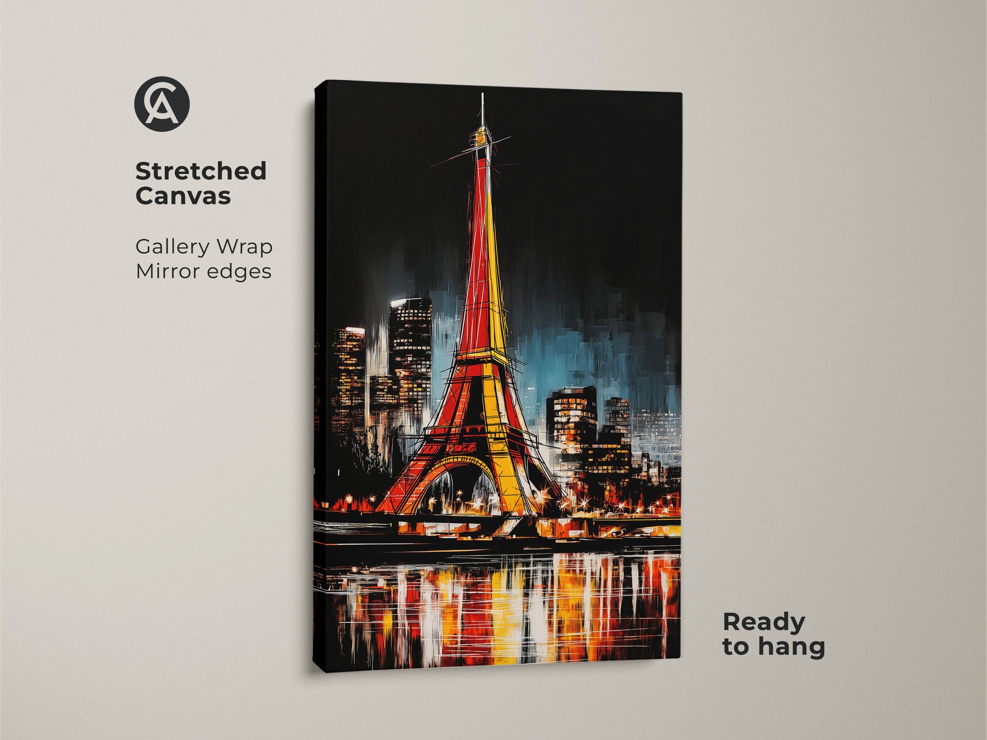 Stretched canvas artwork shows a vibrant Eiffel Tower. Gallery wrap with mirror edges enhances this Paris nightscape. Ready to hang contemporary art brings a modern touch to any room.