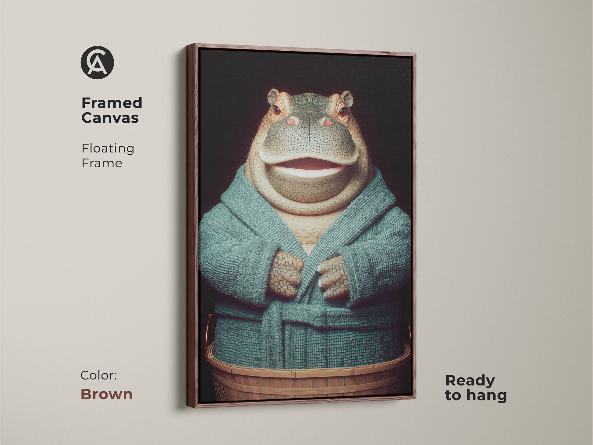 A framed canvas in brown features a hippopotamus in a teal robe. It's ready to hang and serves as a captivating focal point in your room. This floating frame enhances this animal portrait wall art. The hippo is in a wooden tub ready for bath time. Sophisticated animal art for your home. The art is a great gift.
