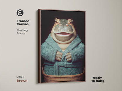 A framed canvas in brown features a hippopotamus in a teal robe. It's ready to hang and serves as a captivating focal point in your room. This floating frame enhances this animal portrait wall art. The hippo is in a wooden tub ready for bath time. Sophisticated animal art for your home. The art is a great gift.