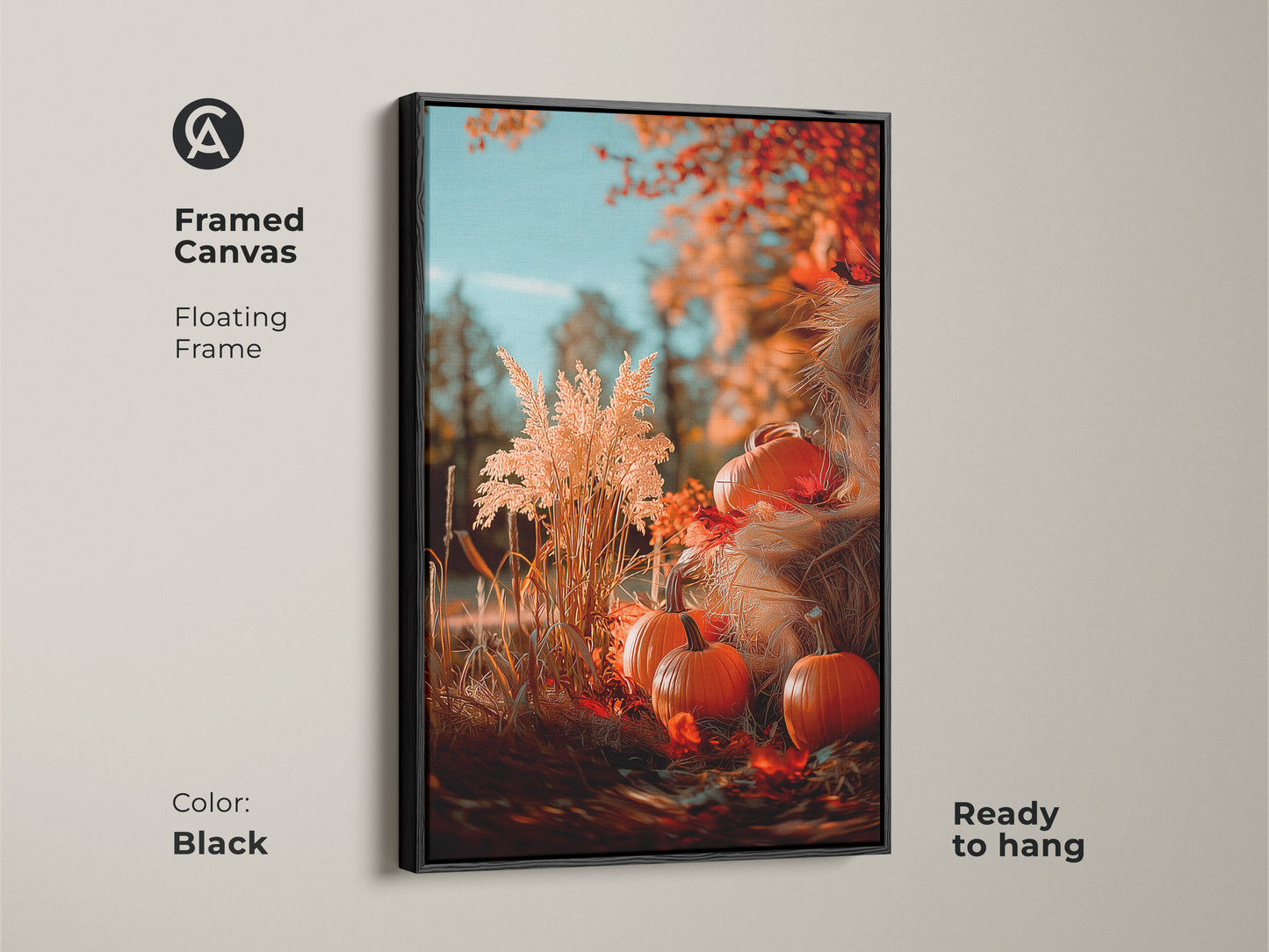 Elevate your space with this framed canvas pumpkin art in black. This autumn artwork features pumpkins and fall foliage. A floating frame adds a touch of sophistication. It's ready to hang and enjoy this seasonal beauty.