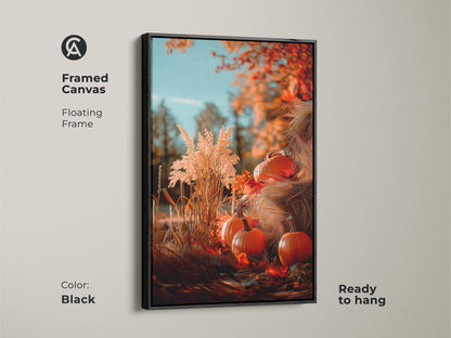 Elevate your space with this framed canvas pumpkin art in black. This autumn artwork features pumpkins and fall foliage. A floating frame adds a touch of sophistication. It's ready to hang and enjoy this seasonal beauty.