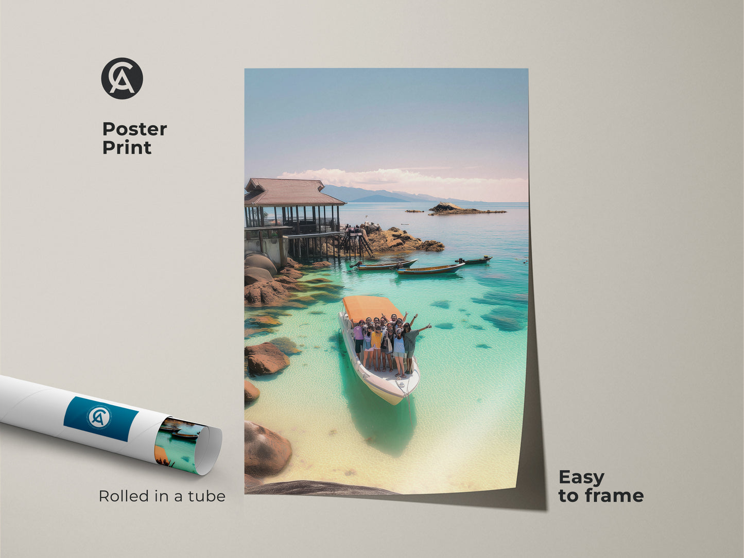 Poster Print of Turquoise Ocean Boat Art. The coastal home decor art captures a tropical vacation scene. Easy to frame. Rolled in a tube. This photography shows an ocean view. It's an ideal gift for beach lovers.