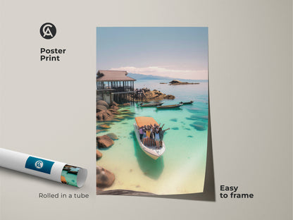Poster Print of Turquoise Ocean Boat Art. The coastal home decor art captures a tropical vacation scene. Easy to frame. Rolled in a tube. This photography shows an ocean view. It's an ideal gift for beach lovers.