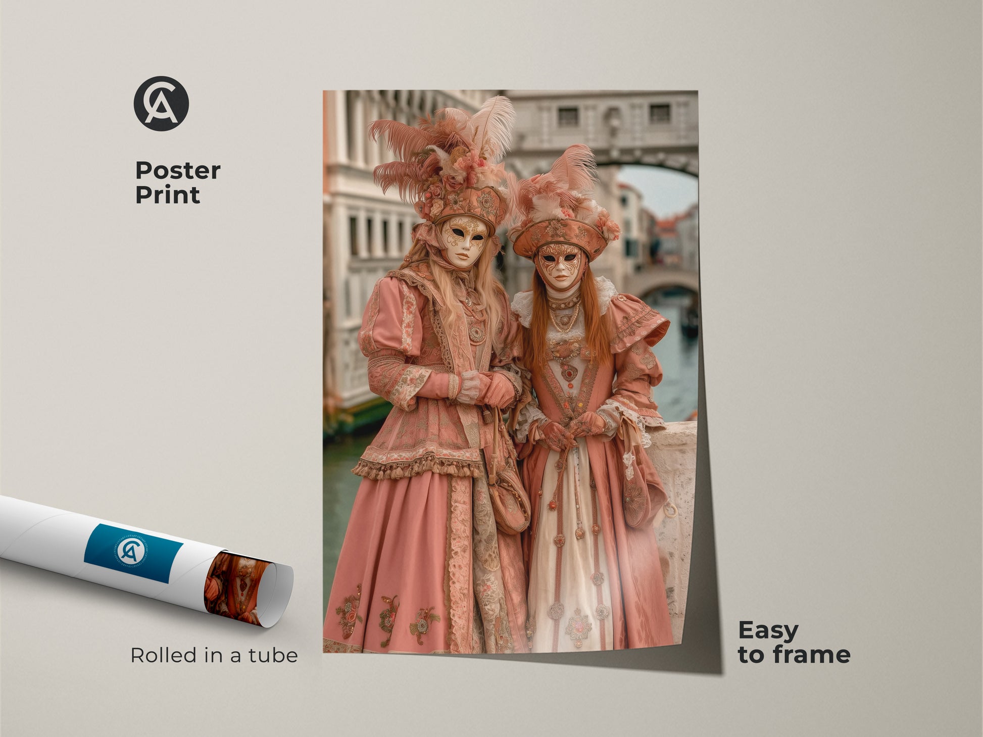 Poster print presents two figures in traditional Venetian carnival costumes. Rolled in a tube for easy framing. This museum-quality paper print captures the beauty of Venice. A perfect addition to any art collection. Add a touch of Italian flair to your walls.