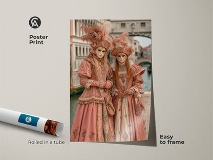 Poster print presents two figures in traditional Venetian carnival costumes. Rolled in a tube for easy framing. This museum-quality paper print captures the beauty of Venice. A perfect addition to any art collection. Add a touch of Italian flair to your walls.
