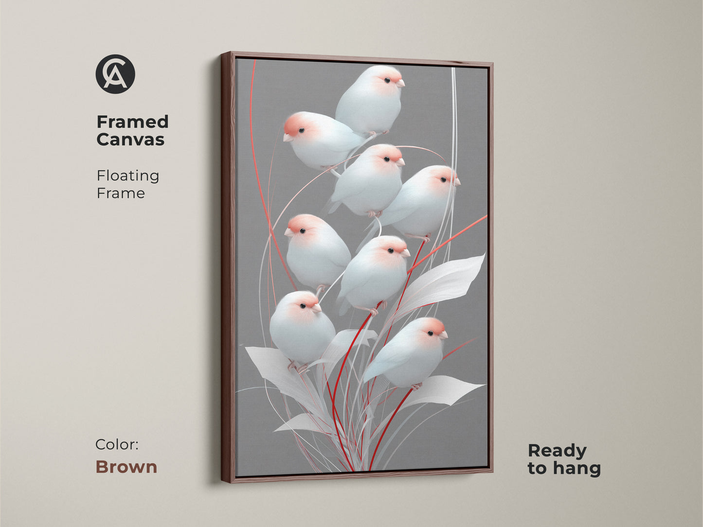 Brown framed canvas showing a minimalist finch artwork. Floating frame highlights the soft colors of the gray and pink botanical print. This modern folk art decor is ready to hang. It brings a Scandinavian touch to any space making it a unique housewarming gift for her. A delicate bird art piece.