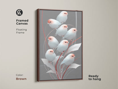 Brown framed canvas showing a minimalist finch artwork. Floating frame highlights the soft colors of the gray and pink botanical print. This modern folk art decor is ready to hang. It brings a Scandinavian touch to any space making it a unique housewarming gift for her. A delicate bird art piece.