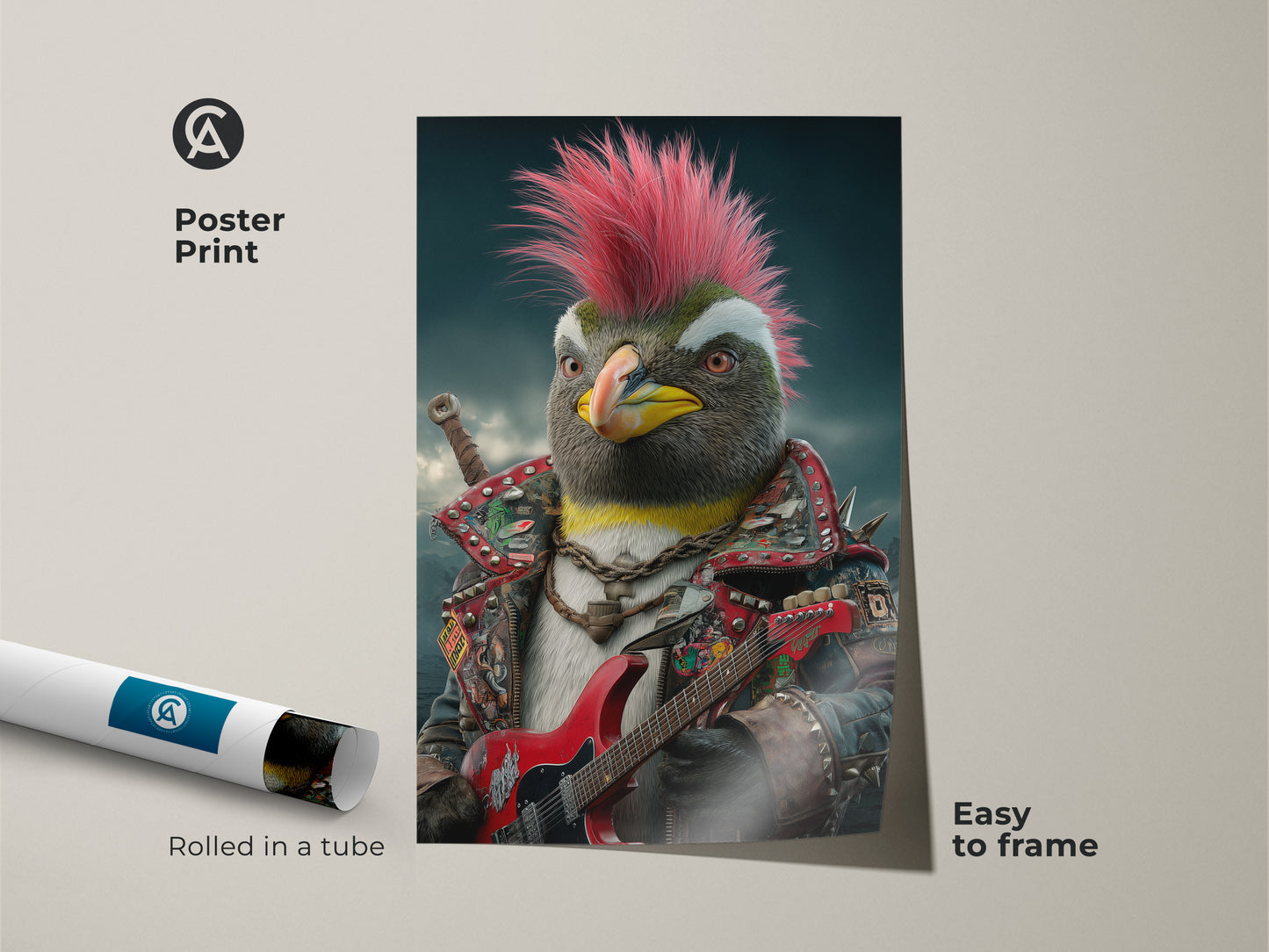 Poster print featuring a punk rock penguin. The rolled poster is easy to frame. The artwork shows a penguin with a hot pink mohawk. The animal is dressed in a studded jacket and playing a red electric guitar. A cool animal artwork for music room wall decor.