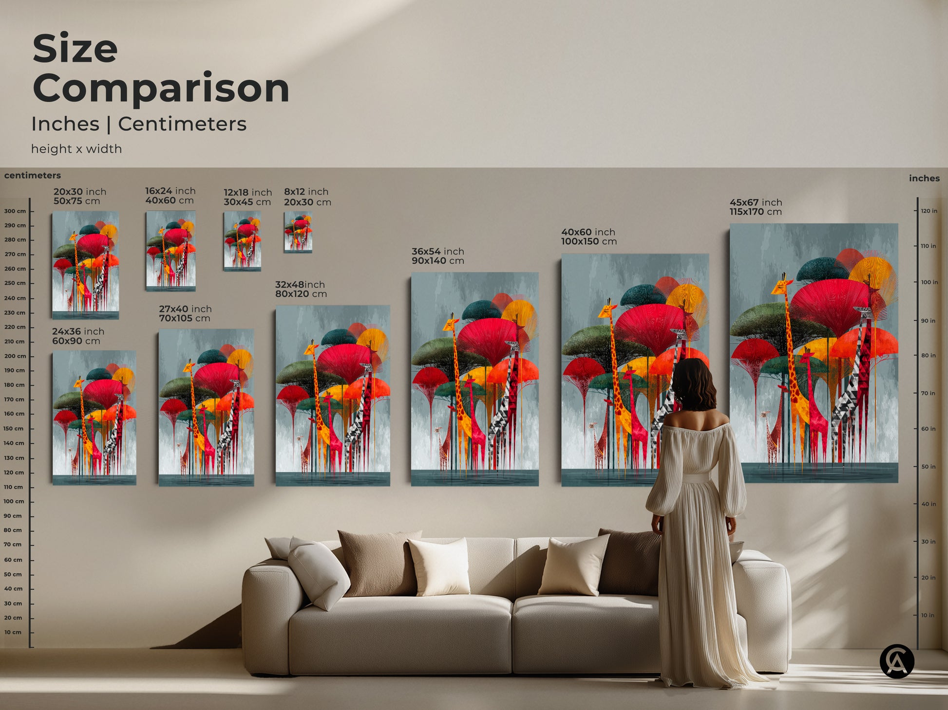A size comparison of the Geometric Giraffe artwork inches and centimeters. The abstract animal print is shown in various sizes. Perfect for adding a modern folk art touch. From small to large this canvas is ideal for eclectic home decor and modern living room art.