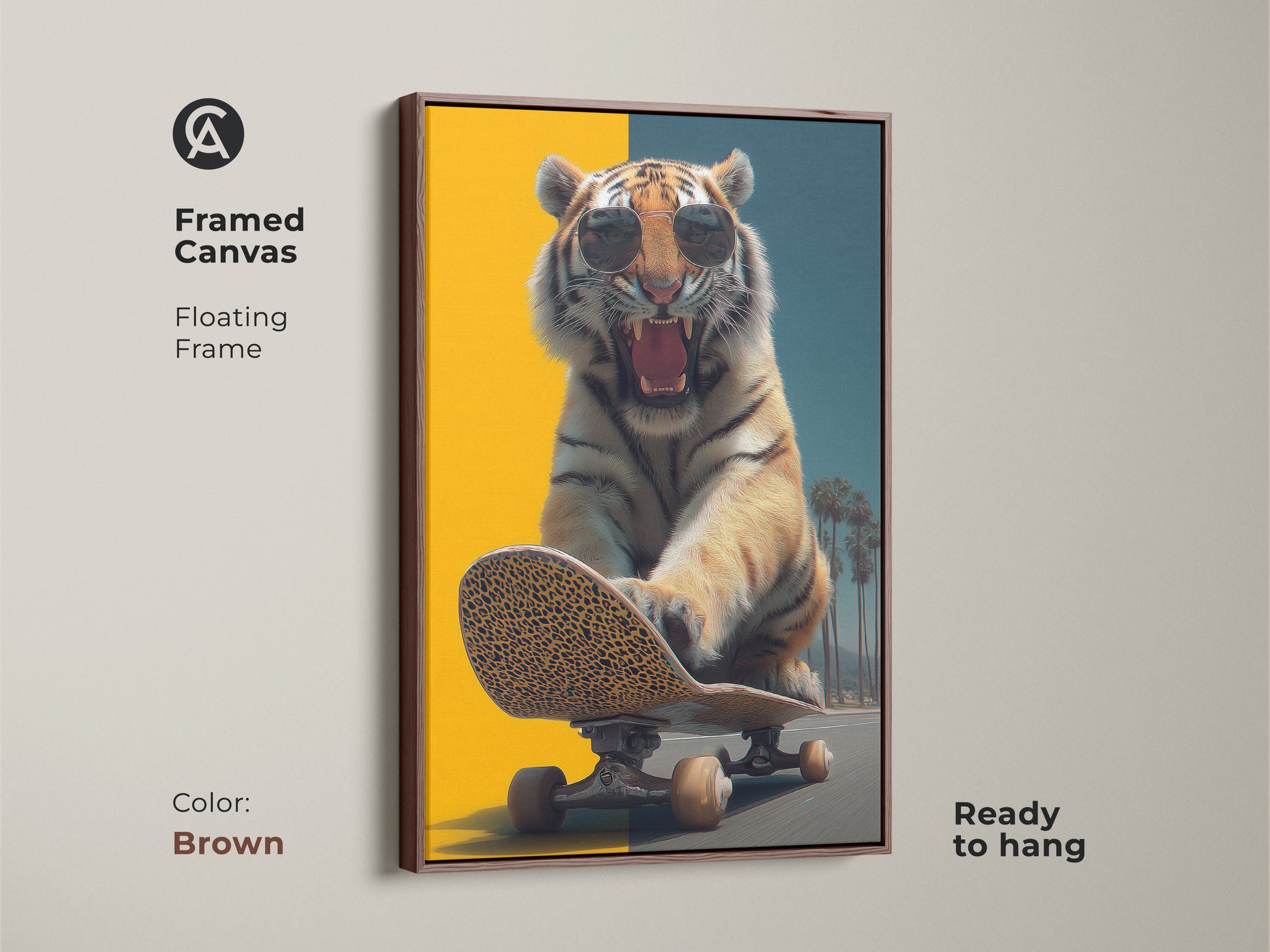 This framed canvas displays a tiger on a skateboard in an earth tone. The wildlife artwork uses a floating brown frame. The cool pop art piece adds an edgy vibe to any room. Ready to hang in your office or man cave. This surreal animal canvas is a statement piece.