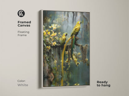 This canvas print framed in white showcases two yellow parrots in a rainforest with orchids. The floating frame enhances the photorealistic animal artwork. Ready to hang it brings tropical nature to your walls. A perfect boho jungle decor for nature and bird enthusiasts.
